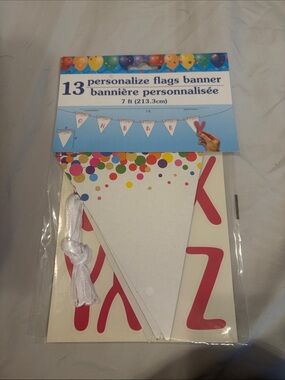 Personalize Flags Banner - White with Multicolor Confetti and Pink Letters